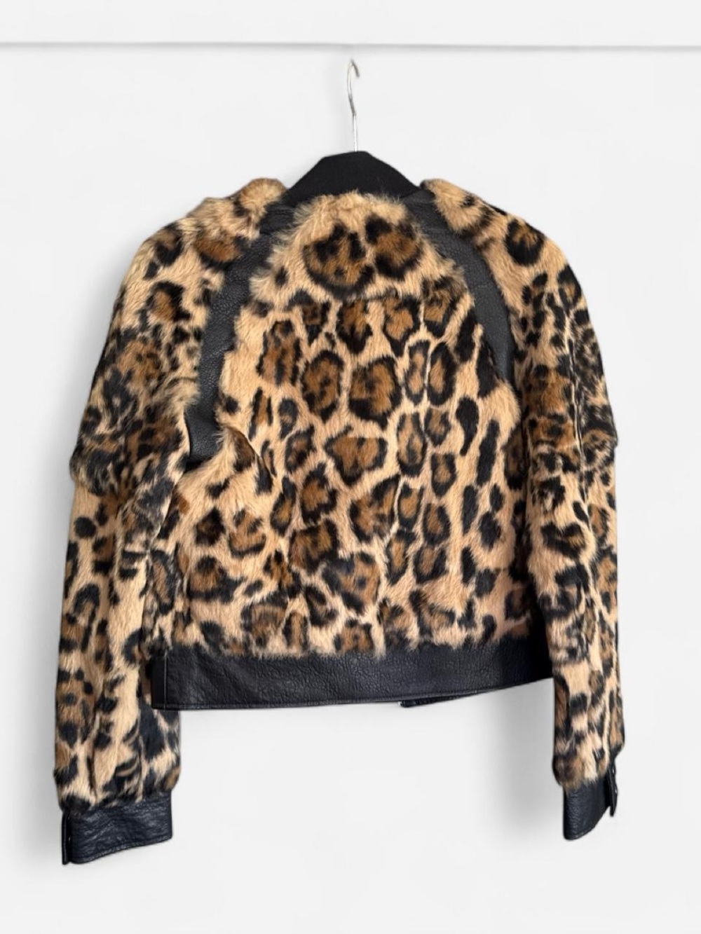 Leopard Real Rabbit Fur Leather Jacket - Brown/Black - Picture 2 of 6